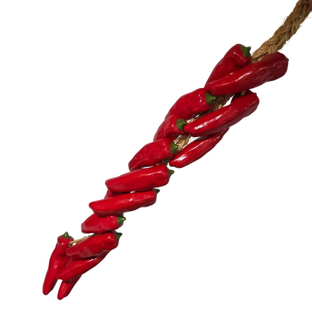 Vintage Ceramic Chili Peppers Ristra Bunch on Jute Rope Wall Hanging Decor Red